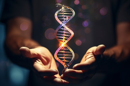 image of a human hand holding a small, luminous DNA double helix