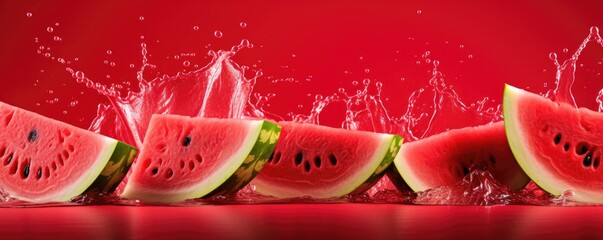 Easy slide fresh of watermelon on red background with water explosion, summer panorama. Generative Ai.