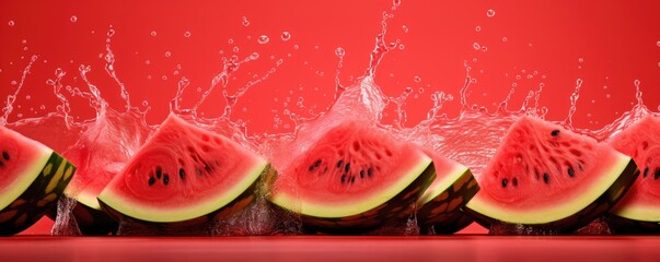 Easy slide fresh of watermelon on red background with water explosion, summer panorama. Generative Ai.