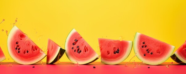 Easy slide fresh of watermelon on yellow background with water explosion, summer panorama. Generative Ai.