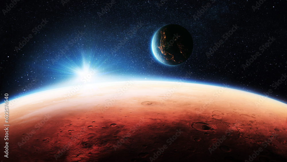 Poster Mars, the red planet with detailed surface features and craters with amazing sunset in deep space. Blue Earth planet with lights in outer space. Mars and earth, concept