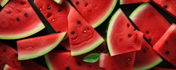 Heap of fresh colorful watermelon slices,summer food background, panorama.  Generative Ai.