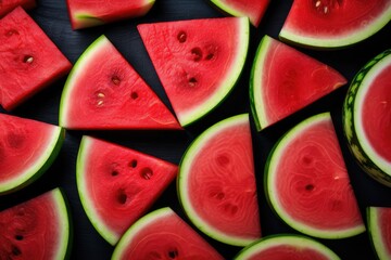 Heap of red fresh colorful watermelon slices,summer food background.  Generative Ai.