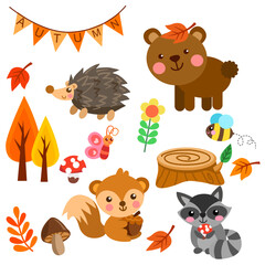 Cute animals autumn vectors set 