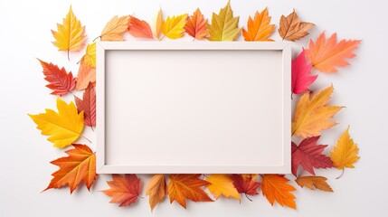 A top view of a minimalist arrangement of colorful autumn leaves forming a rectangular frame, with negative copy space in the center for highlighting your text or design elements. Generative AI. 