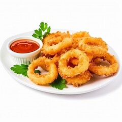 a delicious plate of crispy onion rings with a side of ketchup