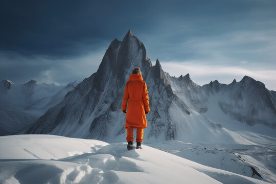A woman in an orange jacket stands at a snowy mountain viewpoint, her eyes fixed on the majestic peak, embodying a sense of determination and awe
