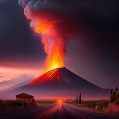 Volcano Eruption with Flaming Lava and Hot Ash in the Sky. Generative AI. AI.