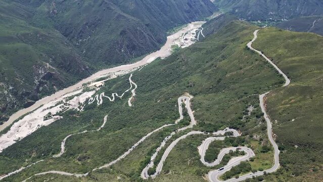 aerial of scenic switchback road in andes mountains Colombia Chicamocha National Park
