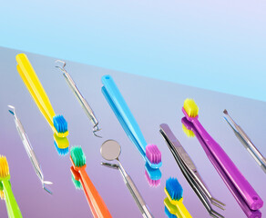 Pattern of medical dental equipment and colorful toothbrushes. Hygiene self care products.
