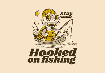 Hooked on fish, Mascot character of the turtle fishing on the boat