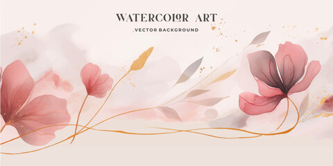 Fototapeta na wymiar Abstract art botanical pink background vector. Luxury wallpaper with pink and earth tone watercolor, leaf, flower, tree and gold glitter. Minimal Design for text, packaging, prints, wall decoration.