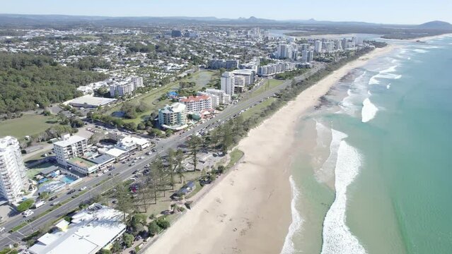 Sandy Beach In The Coastal Town Of Alexandra Headland On Queensland's Sunshine Coast In Australia. aerial