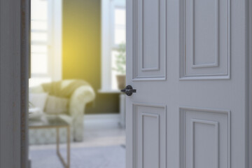 Hotel room , Condominium or apartment doorway with open door in front of blur bedroom background