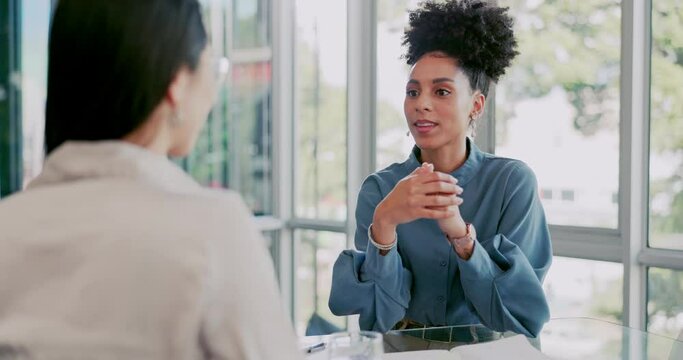 Meeting, recruitment and business people in an interview in office boardroom for onboarding. Collaboration, human resources and professional female team in discussion for hiring together in workplace
