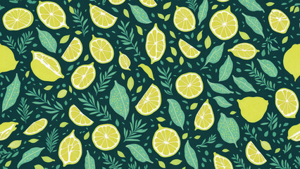 Seamless pattern with lemon and lemonade and lettering for print, textile. Seasonal summer background with fresh drink - obrazy, fototapety, plakaty