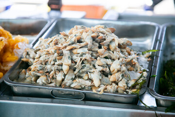 Peruvian crustaceans and mollusks. Fish stalls at Sant Camilo food market in Arequipa, Peru.