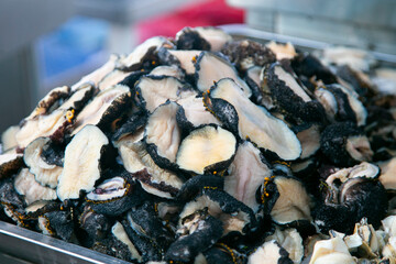 Peruvian crustaceans and mollusks. Fish stalls at Sant Camilo food market in Arequipa, Peru.