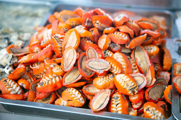 Peruvian crustaceans and mollusks. Fish stalls at Sant Camilo food market in Arequipa, Peru.