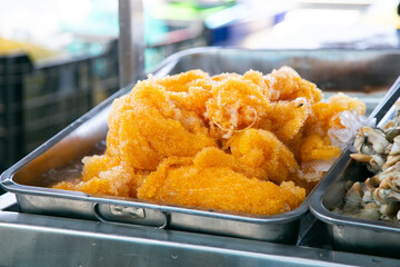 Flying fish roe. Fish stalls at Sant Camilo food market in Arequipa, Peru.