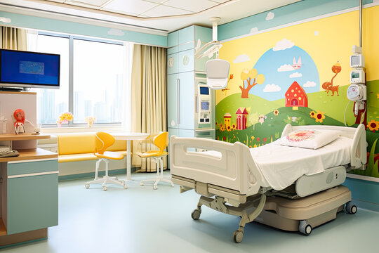Empty modern hospital children's room with colorful decoration. Medical childhood diseases and pediatric hospital admissions.