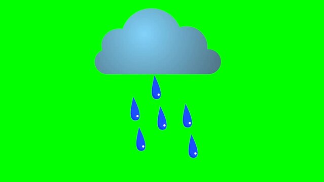 Cartoon simple cloud icon with raining and dripping raindrops on green screen insert, chroma key, green screen, motion graphics, weather icon. stock video 3D animation. Super high resolution. High