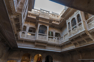 Jaisalmer, Rajasthan, India - 16 th October 2019 : Jharokhas of Patwon Ki Haveli, also known as the...