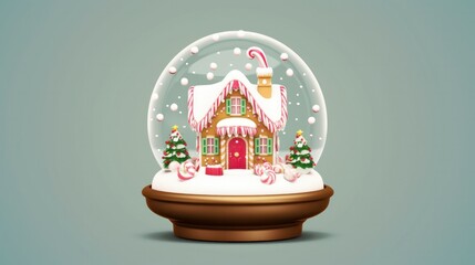 Christmas snow globe with gingerbread house illustration.