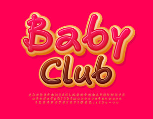 Vector cute banner Baby Club. Pink glazed Font. Handwritten set of sweet Alphabet Letters, Numbers ad Symbols