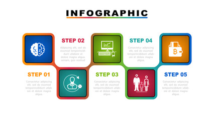 Vector illustration. Infographic design template, business information, icons, presentation, with 5 options. Can be used to create workflows, annual report charts, web design. Business concept, flat