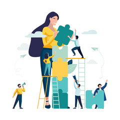 puzzle people connecting elements. Vector illustration flat design style. Symbol of teamwork, cooperation, partnership vector jigsaw puzzles are great element of team work and search for ideas.