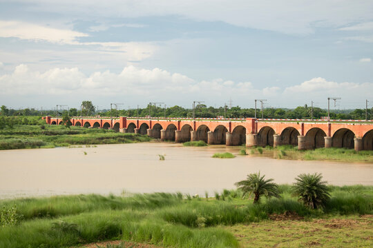 rail bridge over ajay river in the monsoon, west bengal