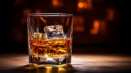 A Glass of Whiskey with Ice Cubes. Bar and Restaurant background. 