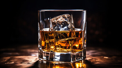 A Glass of Whiskey with Ice Cubes. Bar and Restaurant background. 