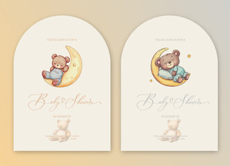 Cute baby shower watercolor invitation card for baby and kids new born celebration with plush teddy bear toy.