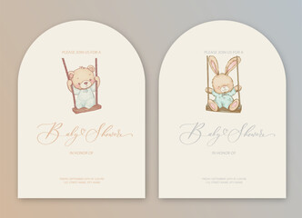 Cute baby shower watercolor invitation card for baby and kids new born celebration with plush teddy bear toy.