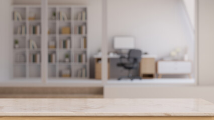 An empty mockup space on a tabletop with a blurred modern office room as a background. © bongkarn