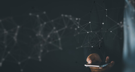 Business and Technology concept.,Businessman using smartphone with connection line interface over black background concept for Digital Technology,internet communication idea.