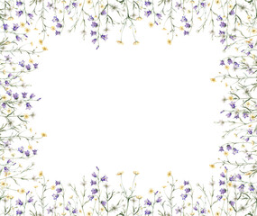 Frame of meadow, forest flowers. Campanula patula, little bell, bluebell, rapunzel. Rabelera holostea, stellaria.Watercolor hand painting illustration on isolate white background.
