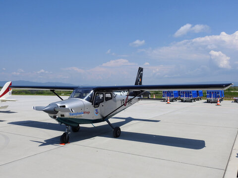 BRAȘOV, ROMANIA – JUNE 11, 2023: The Vulcanair V1.0 utility aircraft on display during the Open Days event held at the recently opened Brașov-Ghimbav International Airport. 