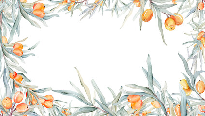 Sea buckthorn frame. Watercolor illustration. On a white background. For cosmetology, pharmaceuticals, food industry. Decorative element for greeting card. Nature clipart for decoration, desig
