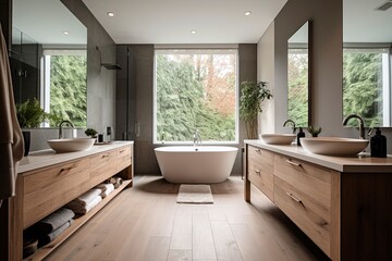 bathroom with a bathtub - generative ai