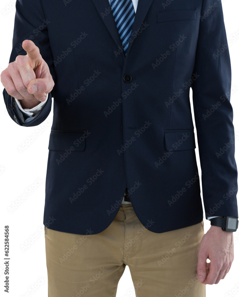 Sticker Digital png photo of mid section of caucasian businessman pointing finger on transparent background