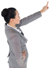 Digital png photo of serious asian businesswoman showing index finger on transparent background