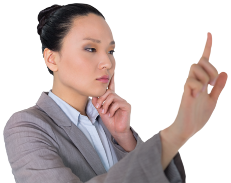 Digital png photo of serious asian businesswoman showing index finger on transparent background
