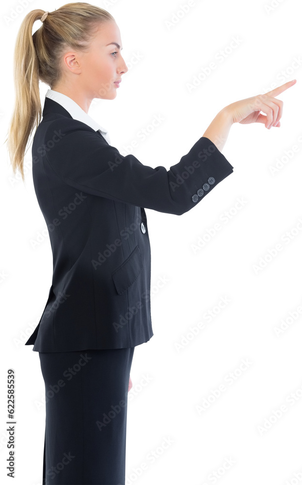 Wall mural Digital png photo of focused caucasian businesswoman showing index finger on transparent background