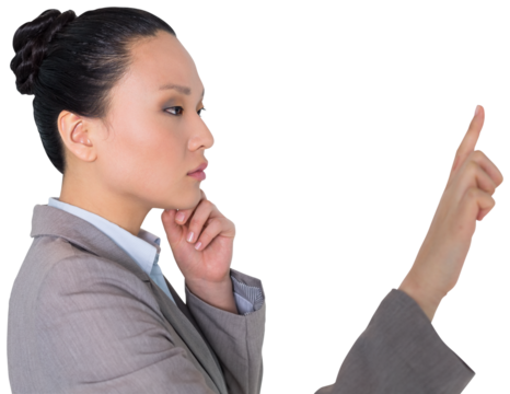Digital png photo of serious asian businesswoman showing index finger on transparent background