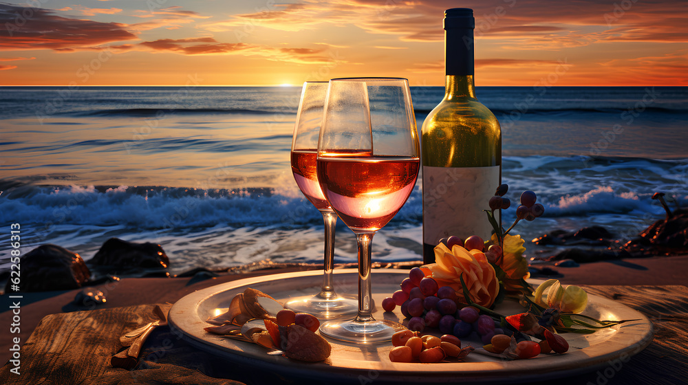 Wall mural romantic evening with two glasses of wine on the beach. sunset.