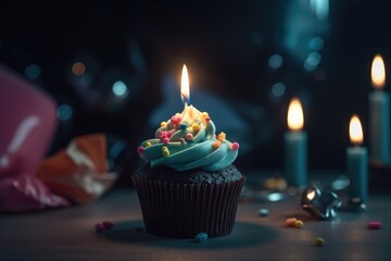 Obraz na płótnie Canvas Birthday cupcake with candle and decoration. Generative AI