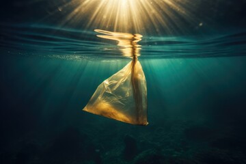 Underwater plastic bag pollution in ocean. Generative AI